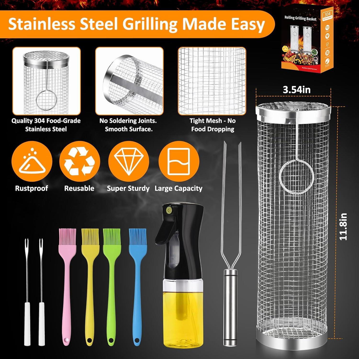 Rolling Grill Basket BBQ Set – 304 Stainless Steel, 10-Piece Grilling Kit