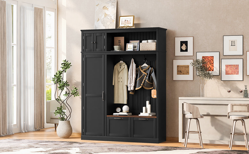 3-in-1 Hall Tree With Overhead Storage Cabinet, 3 Adjustable Side Shelves, 4 Heavy-Duty Hooks, 2 Spacious Drawers, Grooved Back Panel Design, Contrasting Seat Bench, Multifunctional Entryway Organizer