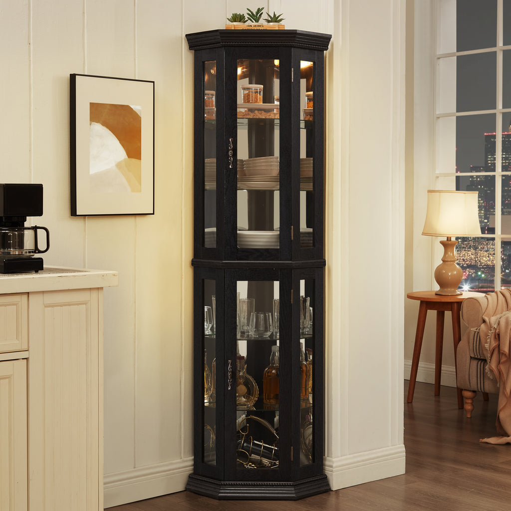 Lighted Corner Curio Cabinet - Glass Display Shelf With Tempered Glass Doors, Adjustable Shelving, And Included Bead Bulb - Ideal Bar Cabinet For Home Decor- BLACK