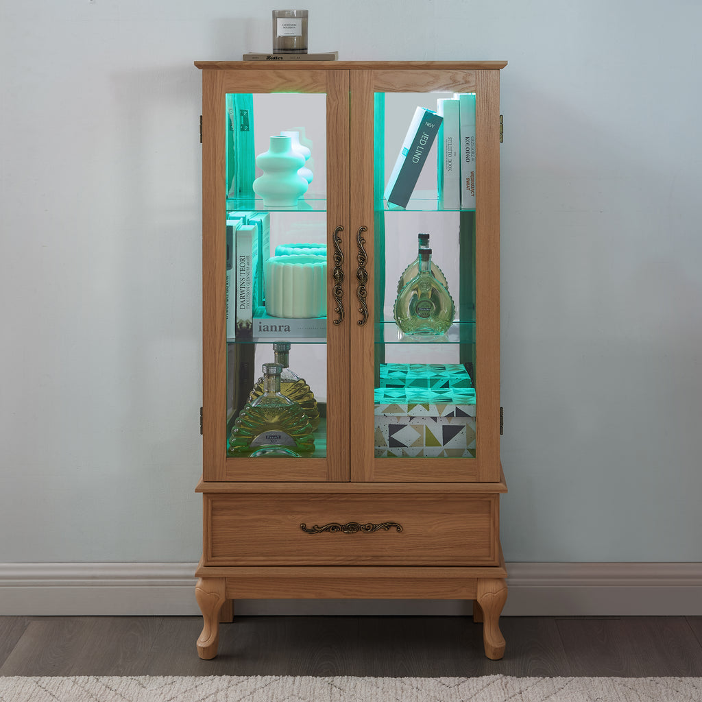 Lighted Curio Cabinet - Elegant Glass Display Cabinet With Adjustable Shelves, 2 Doors, And 1 Drawer - Wine Storage Sideboard With Included Bulb - Light Oak Finish