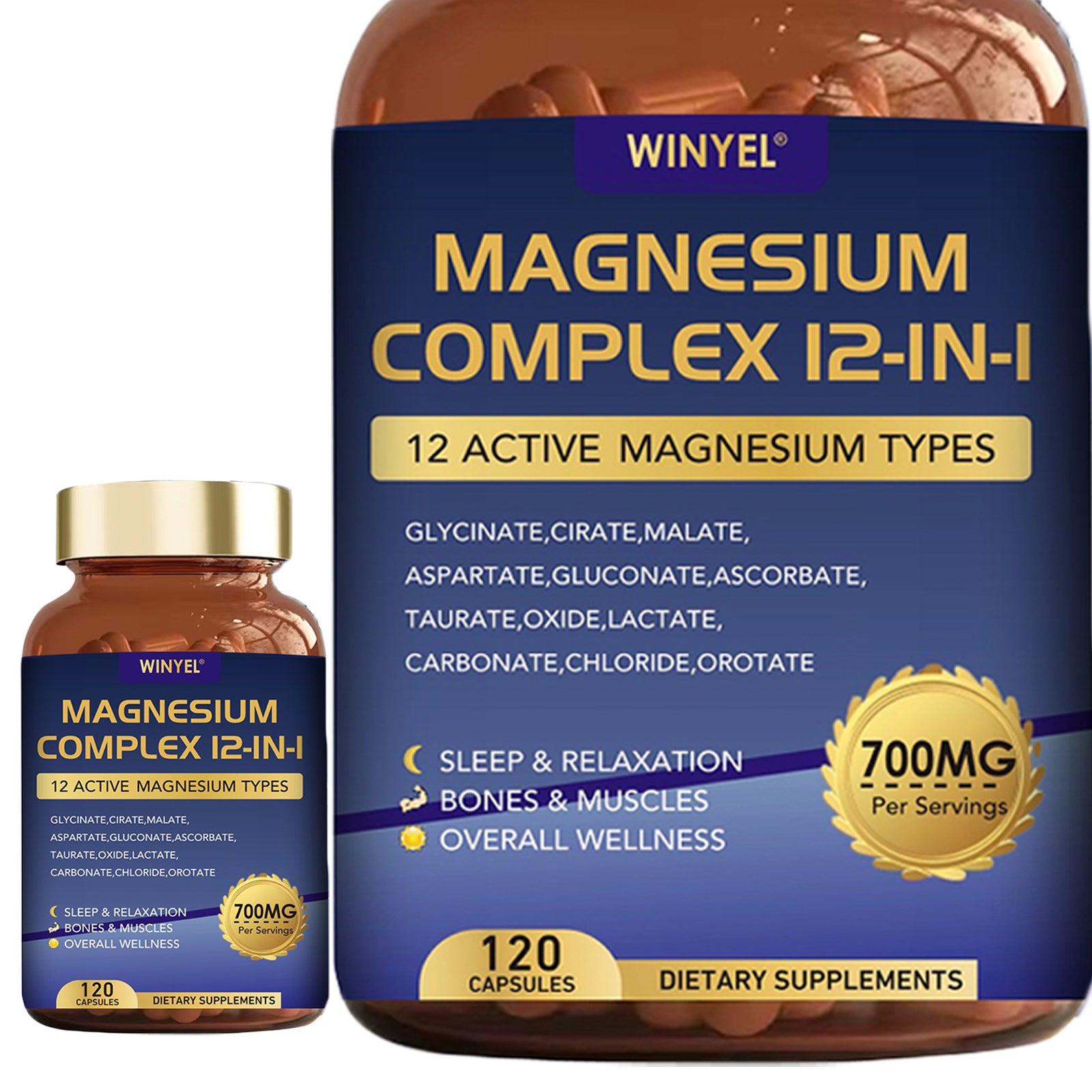 WINYEL Magnesium Complex 700mg 12 In 1 Magnesium Supplement With Glycinate, Citrate, Malate, Sleep, Calm, Muscle Relaxation, Heart Health Support, Vegan 120 Capsules