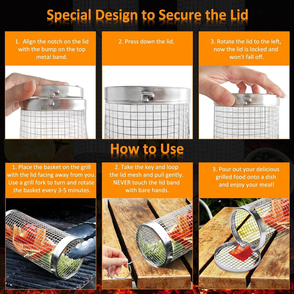 Rolling Grill Basket BBQ Set – 304 Stainless Steel, 10-Piece Grilling Kit