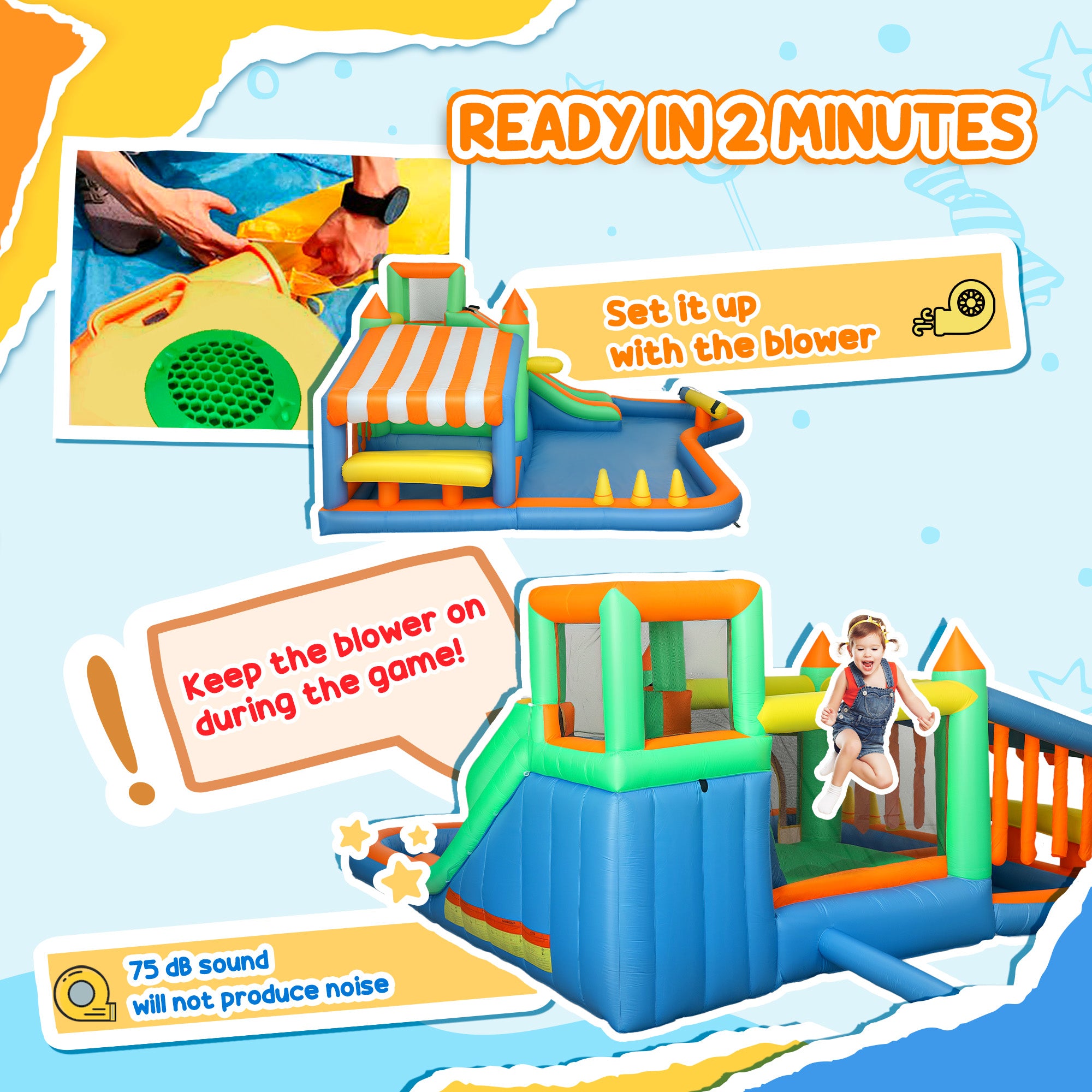 8 in 1 Inflatable Bounce House Water Slide with 550W High Power Blower, for 3-8 Years