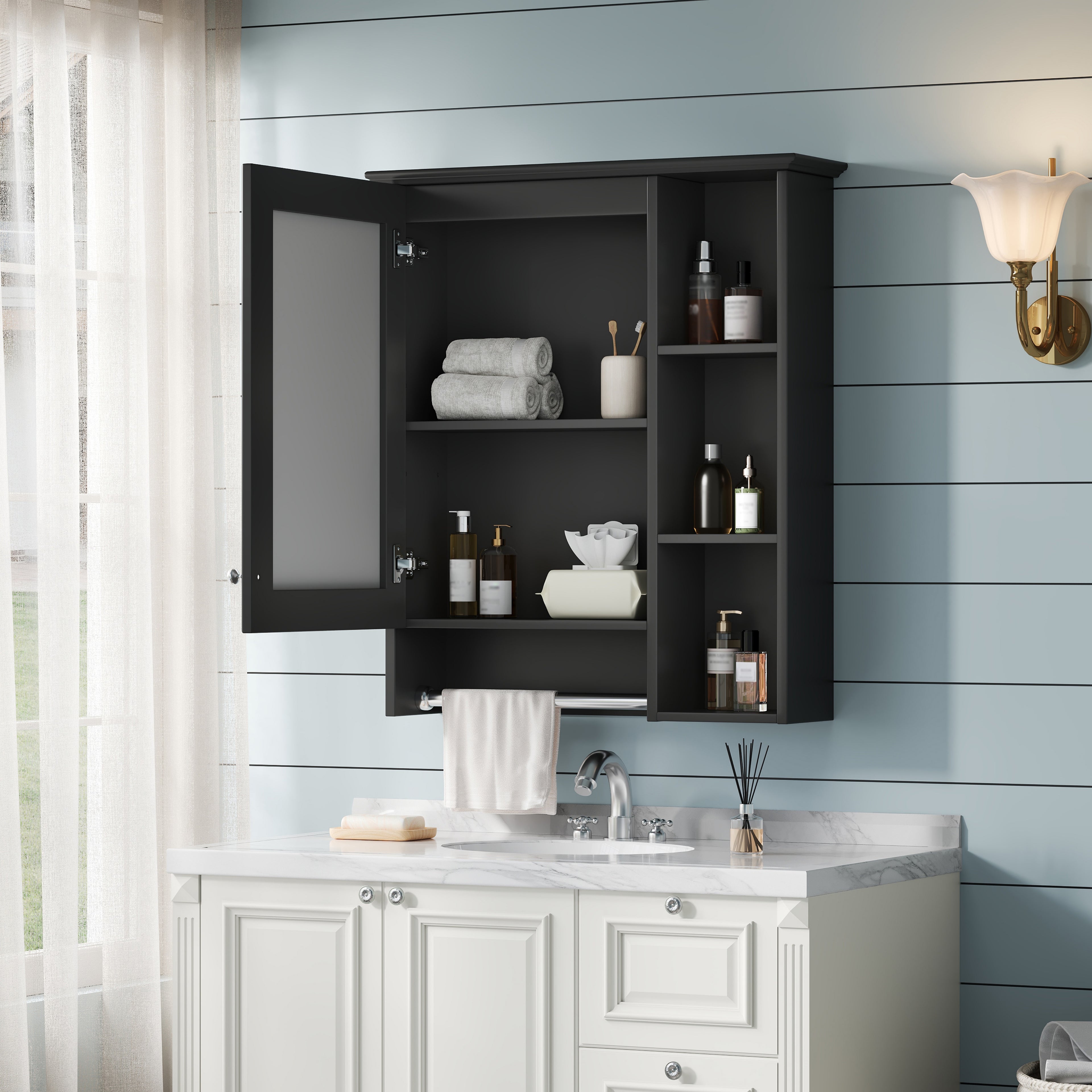 3-in-1 Bathroom Mirror Cabinet, 24-inch Wall Mounted Medicine Cabinet With Adjustable Shelf & Tower Bar, High-Definition Mirror With Storage For Bathroom Vanity
