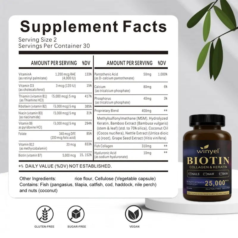 WINYEL Biotin, Collagen, Hyaluronic Acid, Keratin - Support Normal Hair Growth Cycle - Skin & Nails - 25000mcg Vitamins B1, B2, B3, B6 & B7 - For Women & Men, 60 Capsules