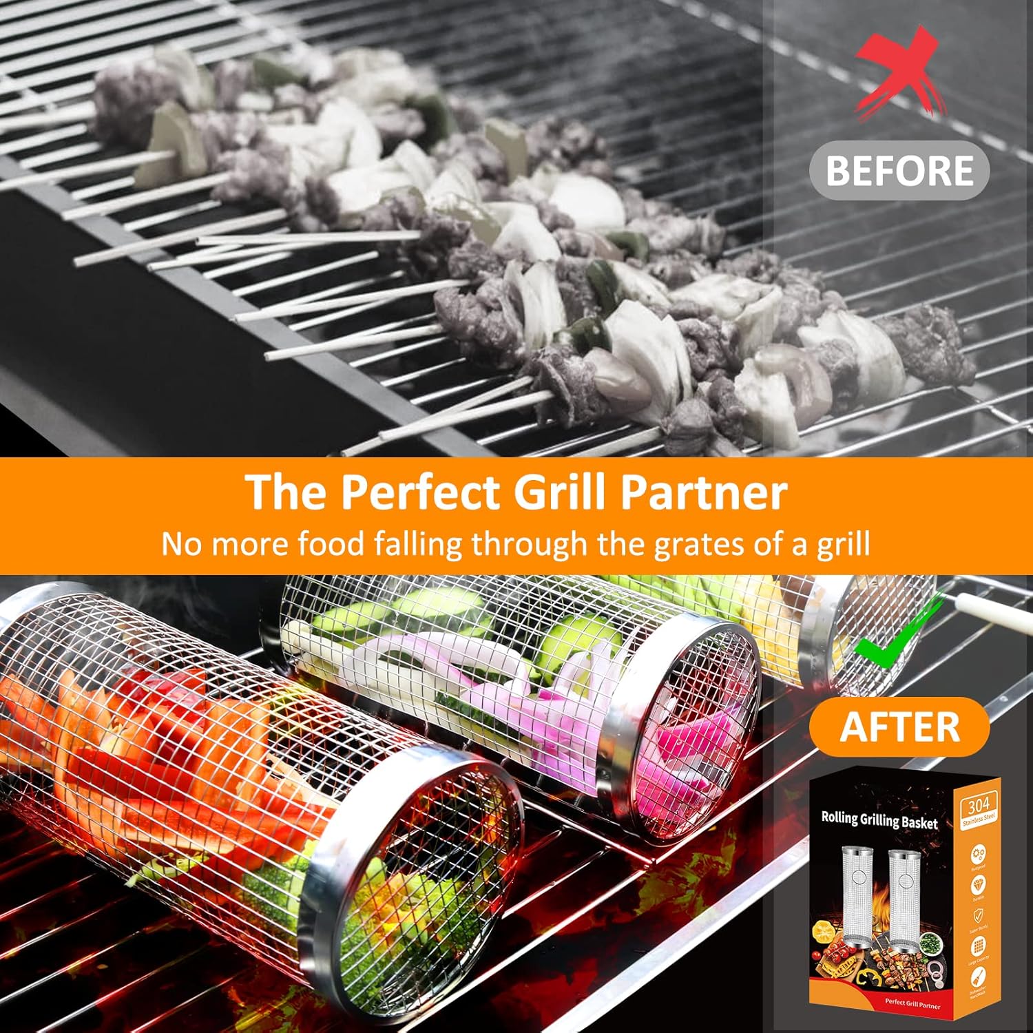 Rolling Grill Basket BBQ Set – 304 Stainless Steel, 10-Piece Grilling Kit