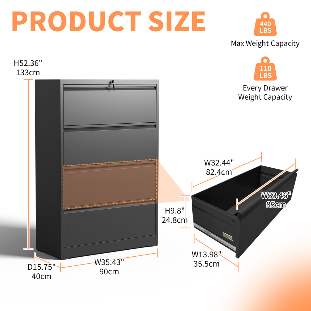 Lateral File Cabinet 4 Drawer, Black Filing Cabinet With Lock, Lockable File Cabinet For Home Office, Locking Metal File Cabinet For Legal Letter A4  F4 Size