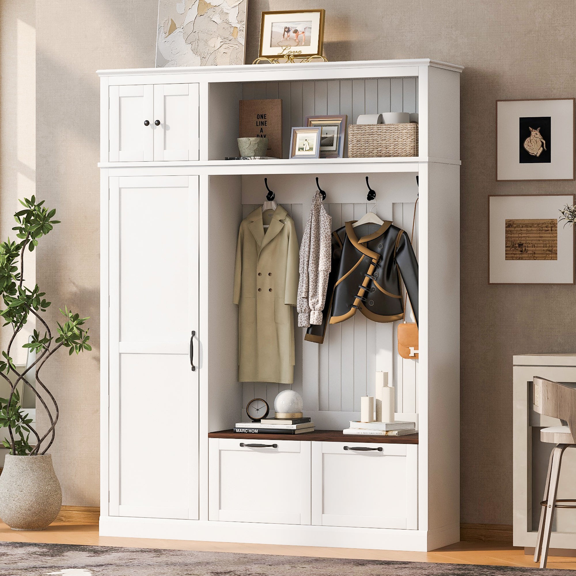 3-in-1 Hall Tree With Overhead Storage Cabinet, 3 Adjustable Side Shelves, 4 Heavy-Duty Hooks, 2 Spacious Drawers, Grooved Back Panel Design, Contrasting Seat Bench, Multifunctional Entryway Organizer