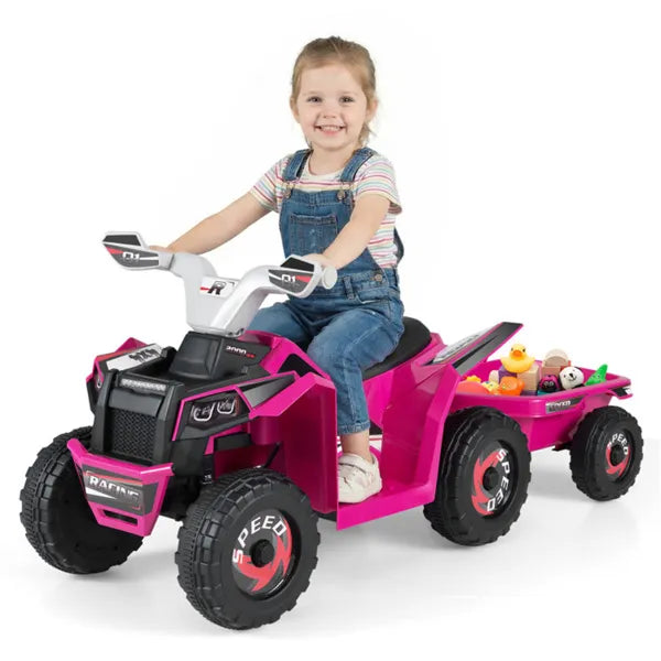2 In 1 Kids Ride On ATV With Removable Trailer, 6V Electric Quad For Toddlers Ages 3+ Rose Red