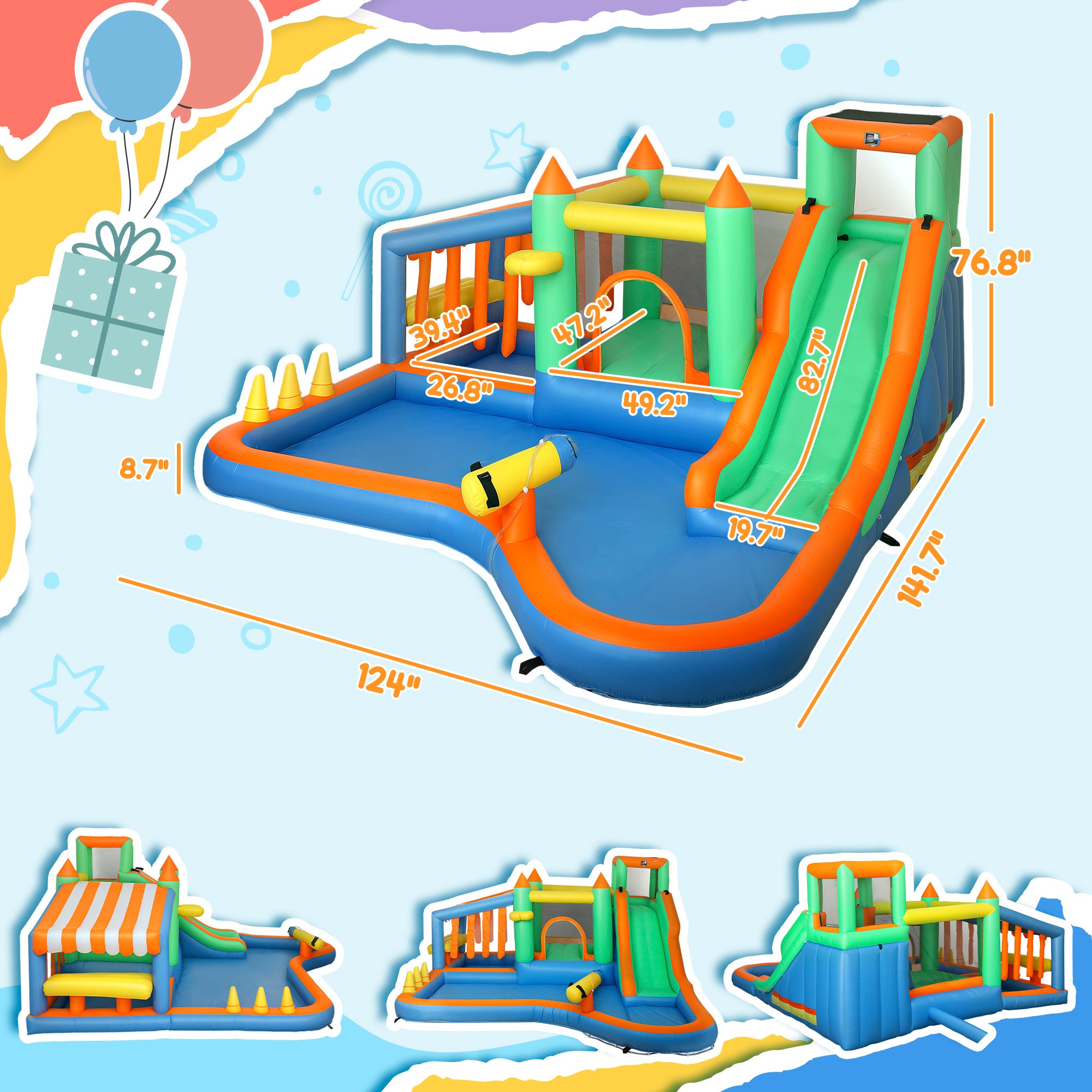 8 in 1 Inflatable Bounce House Water Slide with 550W High Power Blower, for 3-8 Years