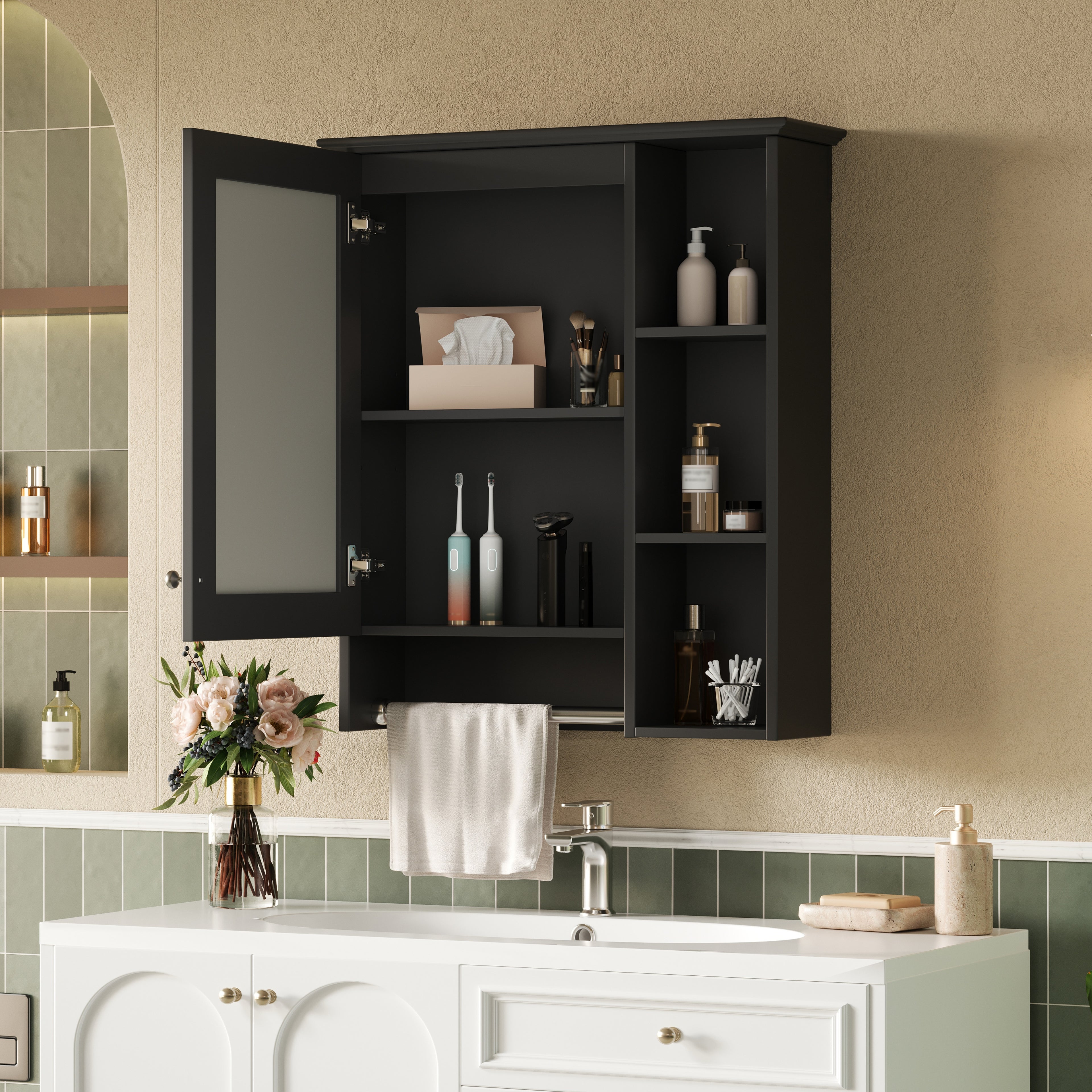 3-in-1 Bathroom Mirror Cabinet, 24-inch Wall Mounted Medicine Cabinet With Adjustable Shelf & Tower Bar, High-Definition Mirror With Storage For Bathroom Vanity