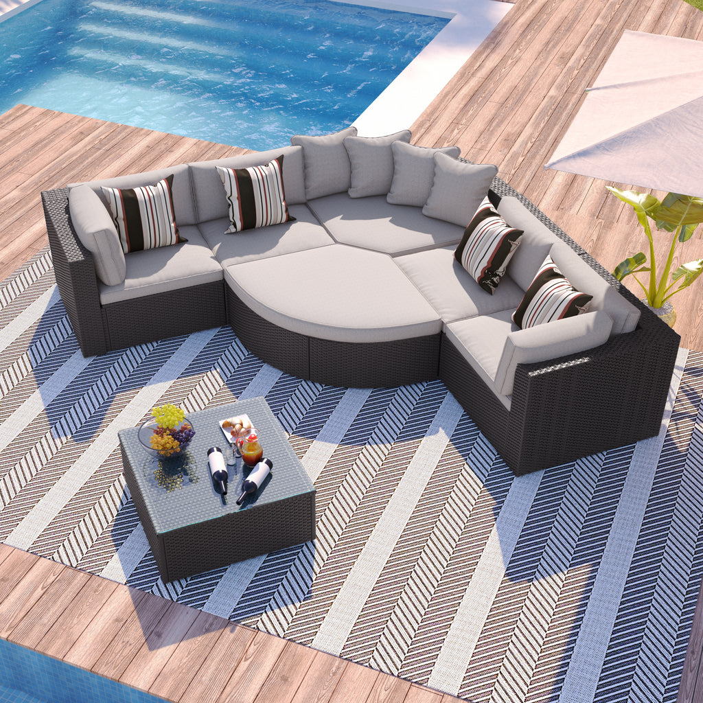 7-Piece Outdoor Wicker Sofa Set – Rattan Patio Furniture with Colorful Pillows