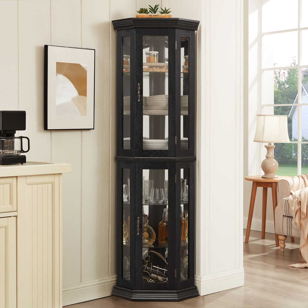 Lighted Corner Curio Cabinet - Glass Display Shelf With Tempered Glass Doors, Adjustable Shelving, And Included Bead Bulb - Ideal Bar Cabinet For Home Decor- BLACK