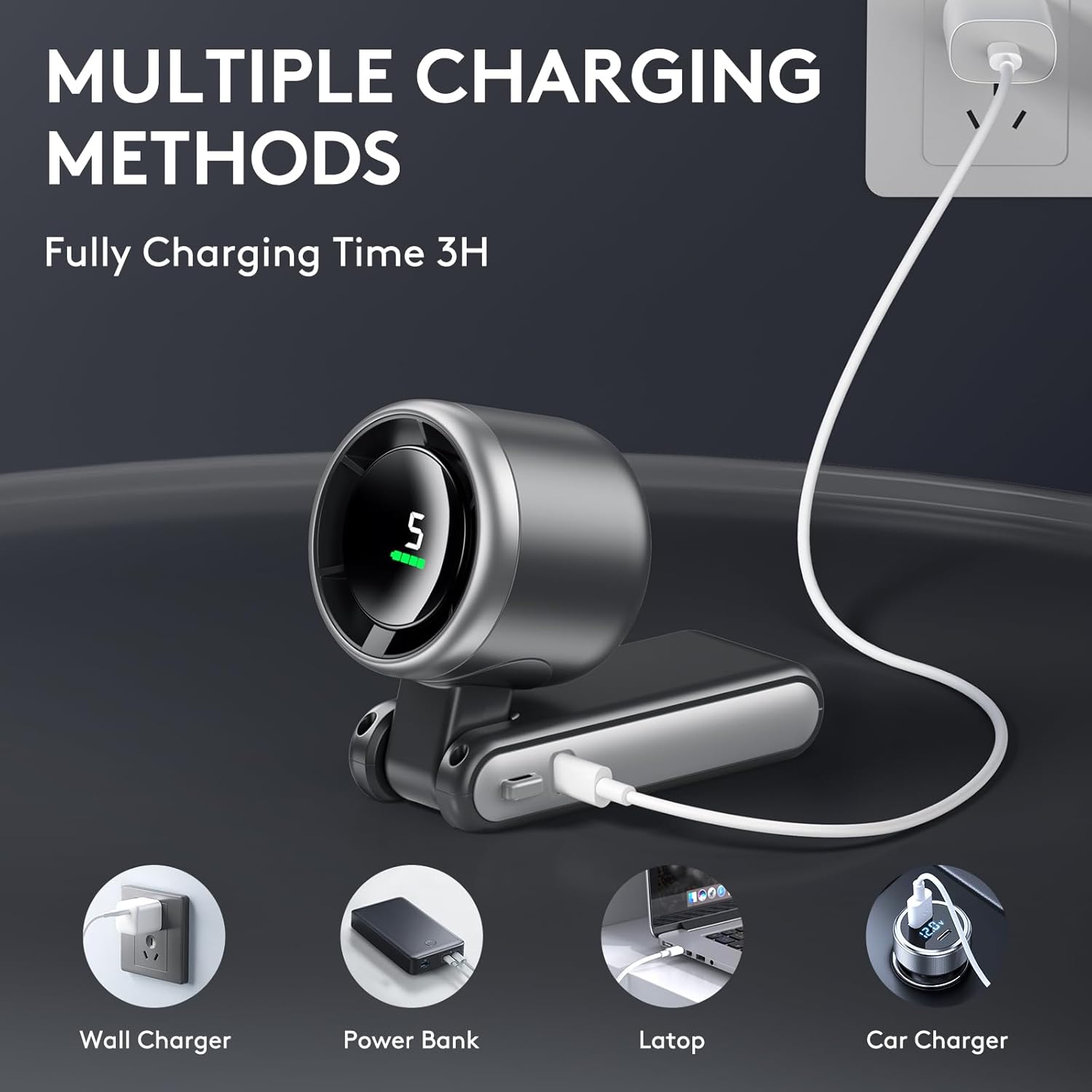 3-in-1 Portable Turbo Fan – 5-Speed, 2500mAh USB Rechargeable