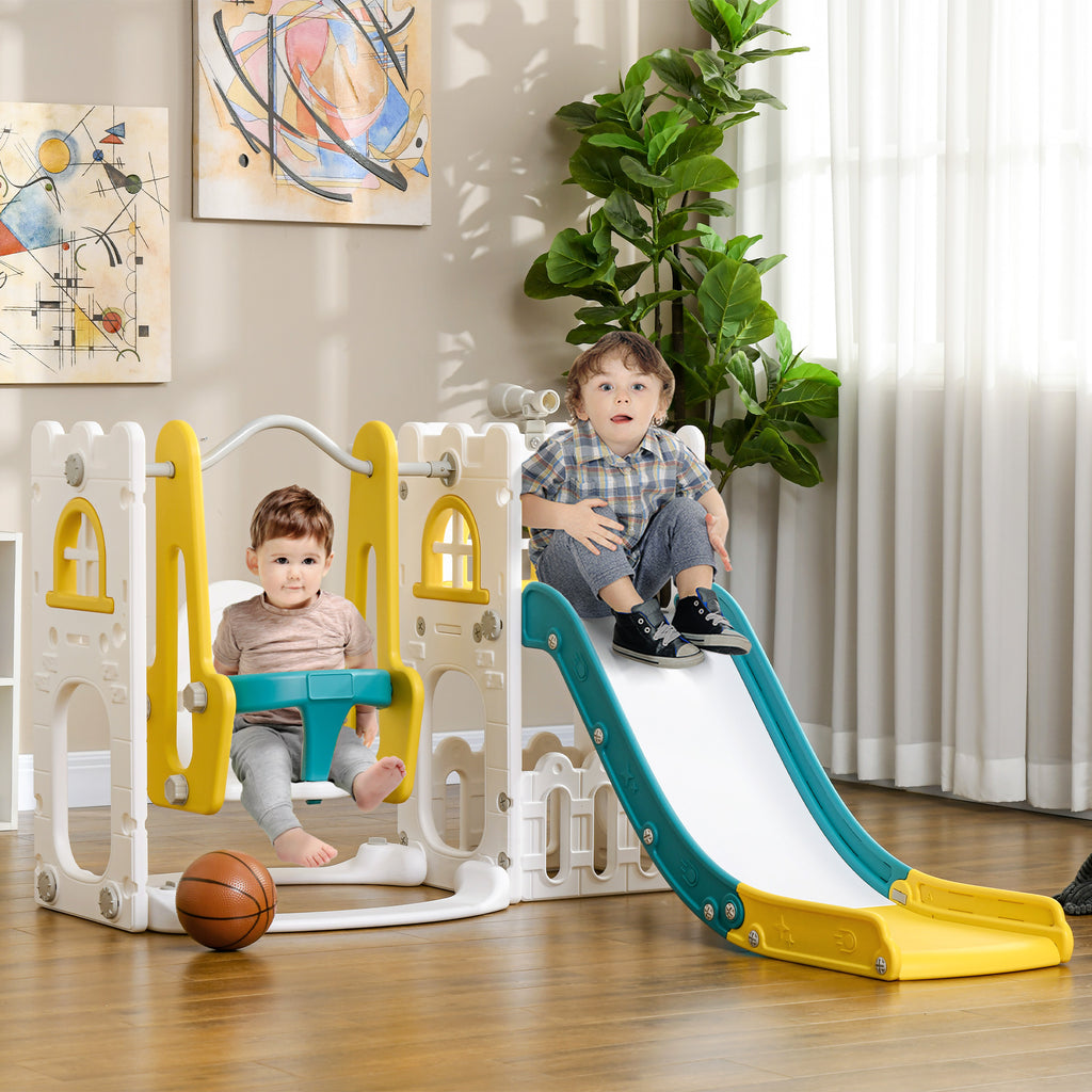 6 in 1 Toddler Slide and Swing Set Indoor for Age 1-3 Years w/ Basketball Hoop, Climber, Storage Telescope, Yellow