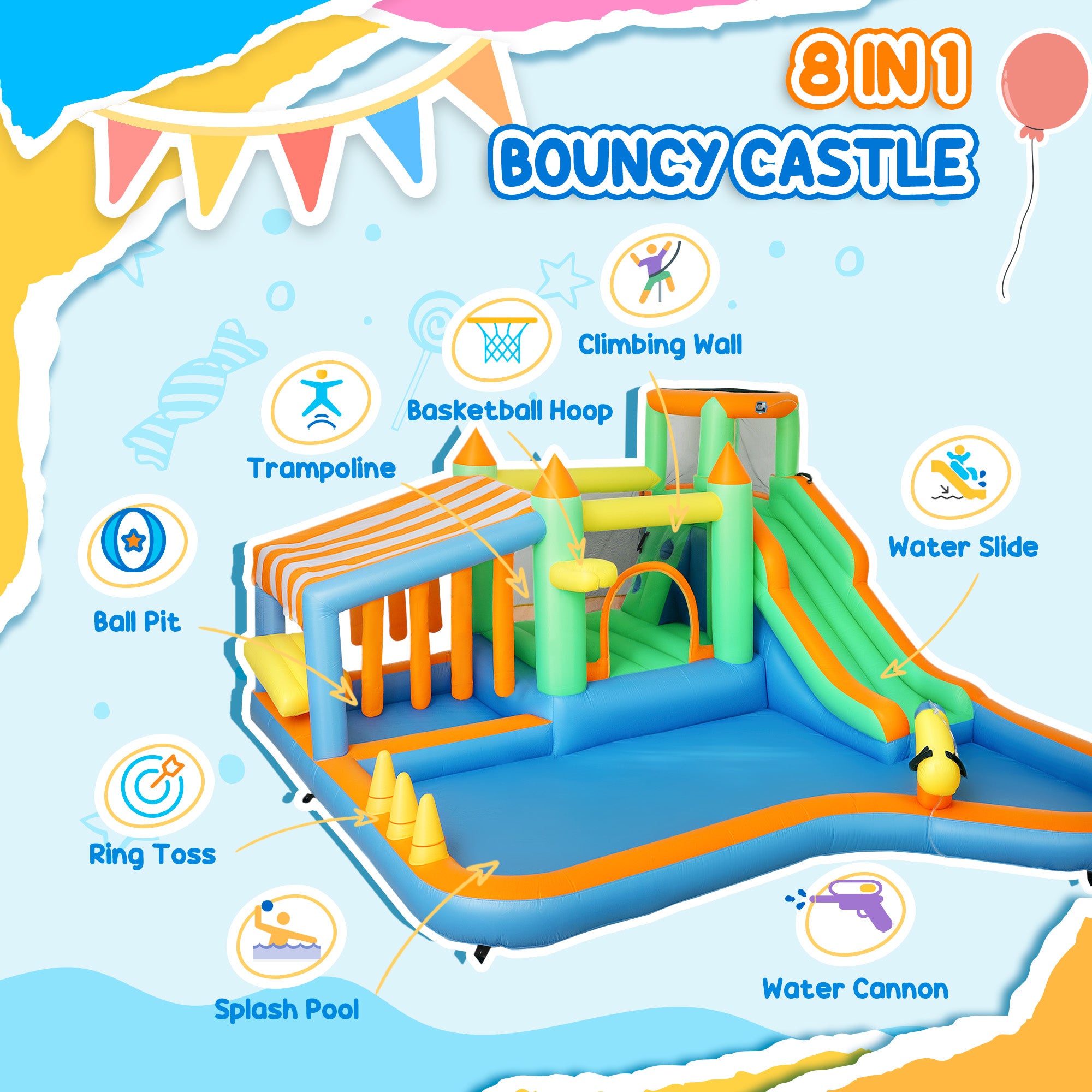 8 in 1 Inflatable Bounce House Water Slide with 550W High Power Blower, for 3-8 Years