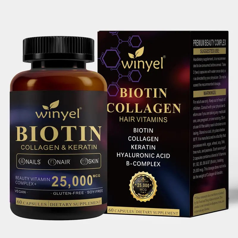 WINYEL Biotin, Collagen, Hyaluronic Acid, Keratin - Support Normal Hair Growth Cycle - Skin & Nails - 25000mcg Vitamins B1, B2, B3, B6 & B7 - For Women & Men, 60 Capsules