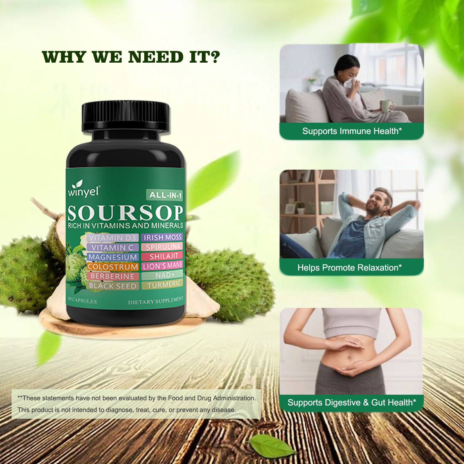 WINYEL Soursop Supplement – 60 Capsules, 20 Herbal Extracts, Vegan