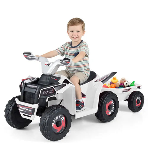 2 In 1 Kids Ride On ATV With Removable Trailer, 6V Electric Quad For Toddlers Ages 3+ White