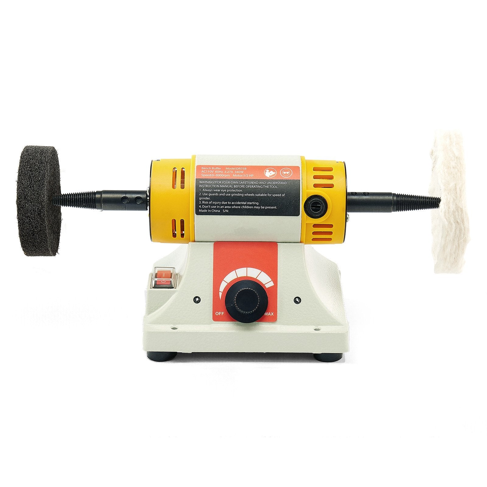 Bench Buffer Polisher, 1/2HP Polishing Buffing Machine, 0 To 8000RPM Benchtop Polisher Grinder With 4" Cloth Wheel, 3" Grinding Wheel & 3" Fiber Wheel For Metal, Jewelry, Wood And Plastic