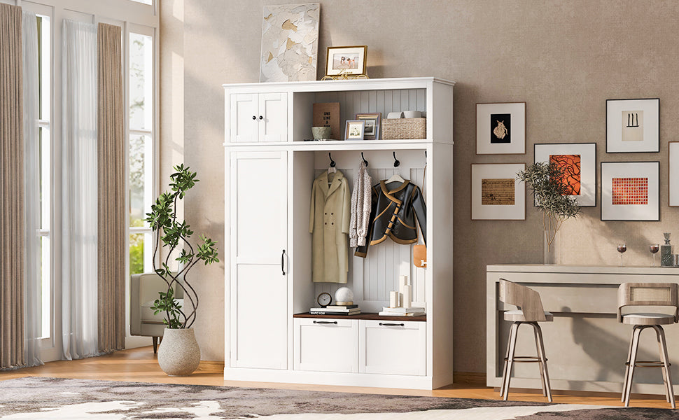 3-in-1 Hall Tree With Overhead Storage Cabinet, 3 Adjustable Side Shelves, 4 Heavy-Duty Hooks, 2 Spacious Drawers, Grooved Back Panel Design, Contrasting Seat Bench, Multifunctional Entryway Organizer