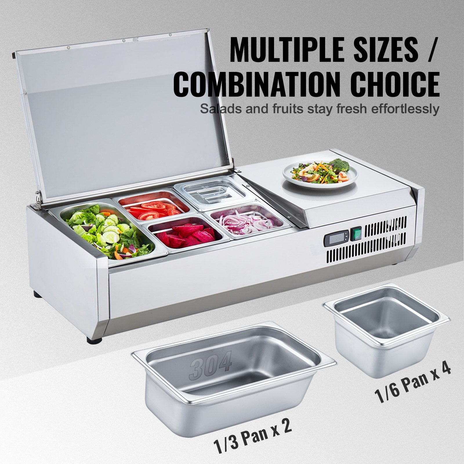 Refrigerated Condiment Prep Station, 130 W Countertop Refrigerated Condiment Station, With 1 1/3 Pan & 4 1/6 Pans, 304 Stainless Body And PC Lid, Sandwich Prep Table With Stainless Guard, ETL