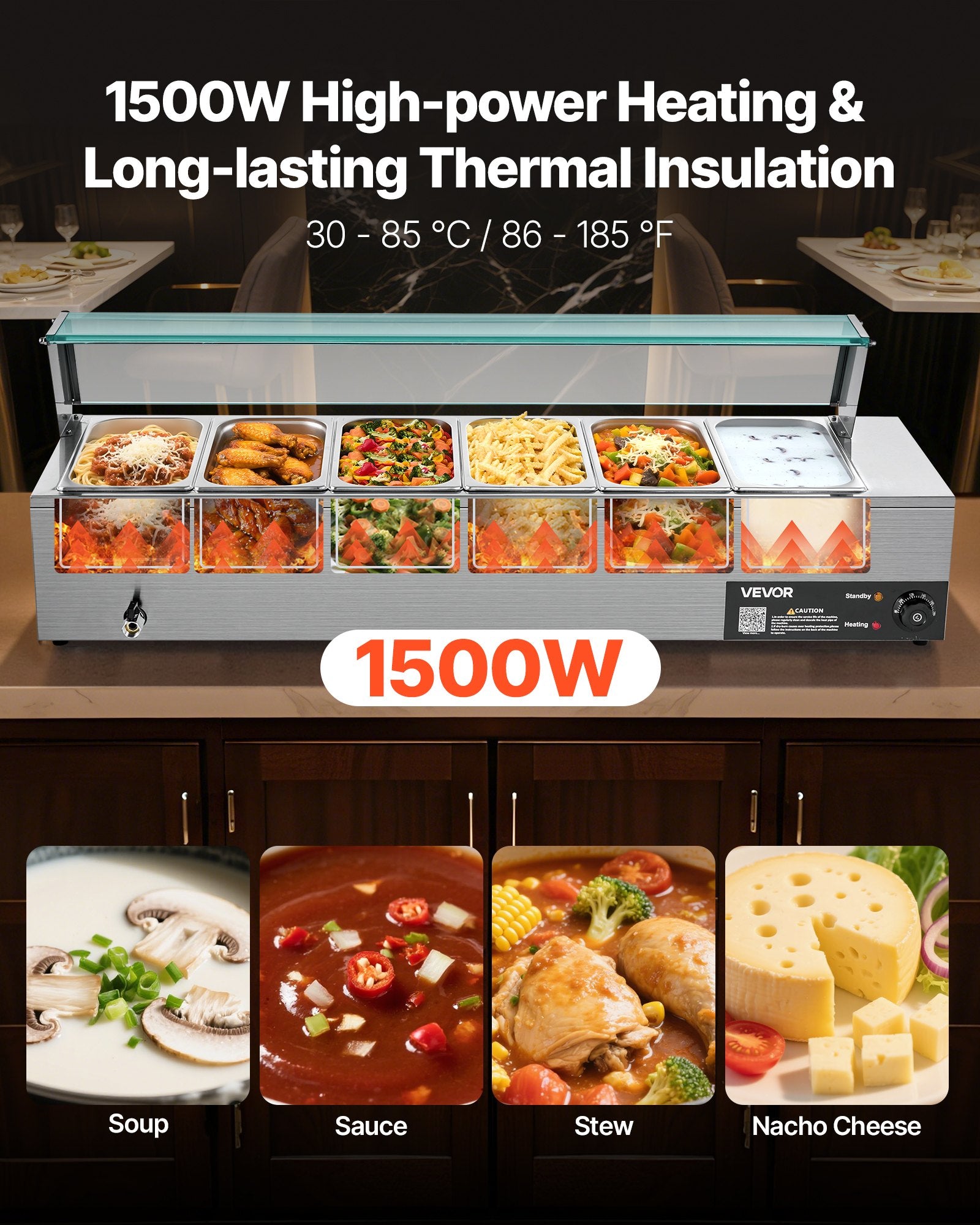 Commercial Food Warmer 6 X 1/3 Size Pans Buffet Bain Marie With Glass Cover