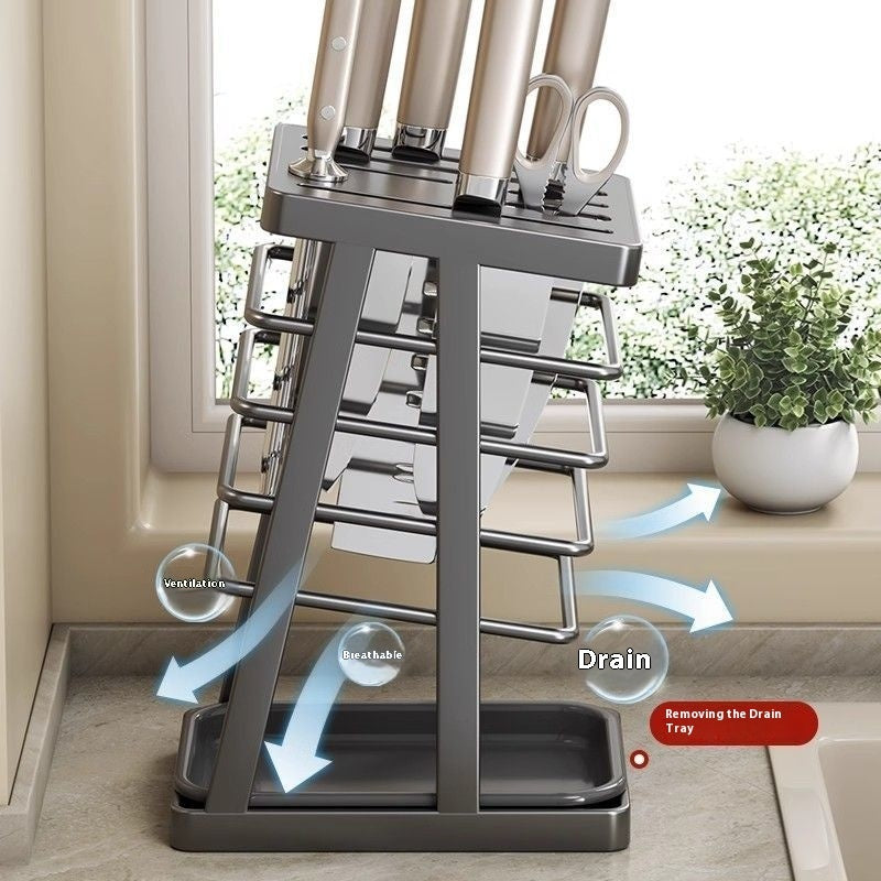 Nordic-Style Kitchen Knife Storage Rack with Drip Tray