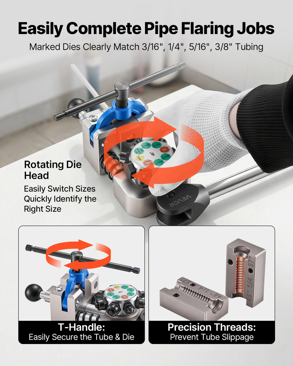 Professional Brake Line Flaring Tool, 45 Degree Double Flare Bubble Flare Tool Kit For 3/16", 1/4", 5/16", 3/8" Copper Aluminum Thin Steel Tubes