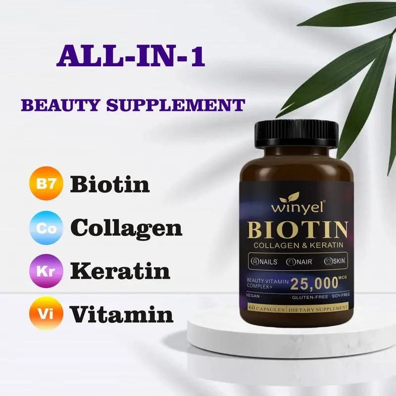 WINYEL Biotin, Collagen, Hyaluronic Acid, Keratin - Support Normal Hair Growth Cycle - Skin & Nails - 25000mcg Vitamins B1, B2, B3, B6 & B7 - For Women & Men, 60 Capsules