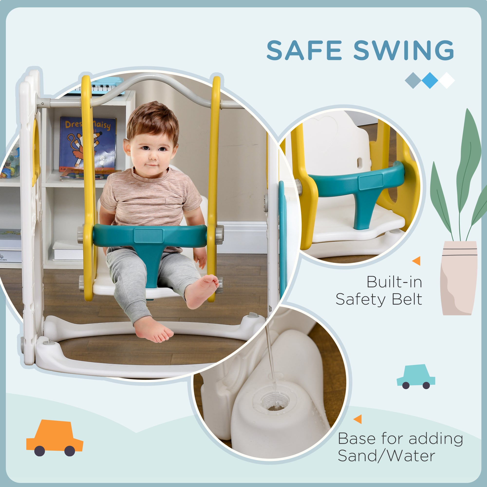 6 in 1 Toddler Slide and Swing Set Indoor for Age 1-3 Years w/ Basketball Hoop, Climber, Storage Telescope, Yellow