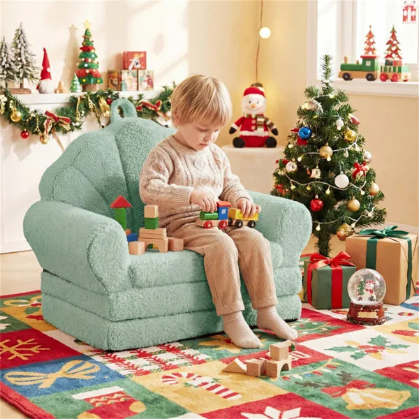 2-in-1 Flip Open Kids Sofa Lounger, Teddy Fleece Toddler Couch With Carry Handle For Ages 3+ (Green)