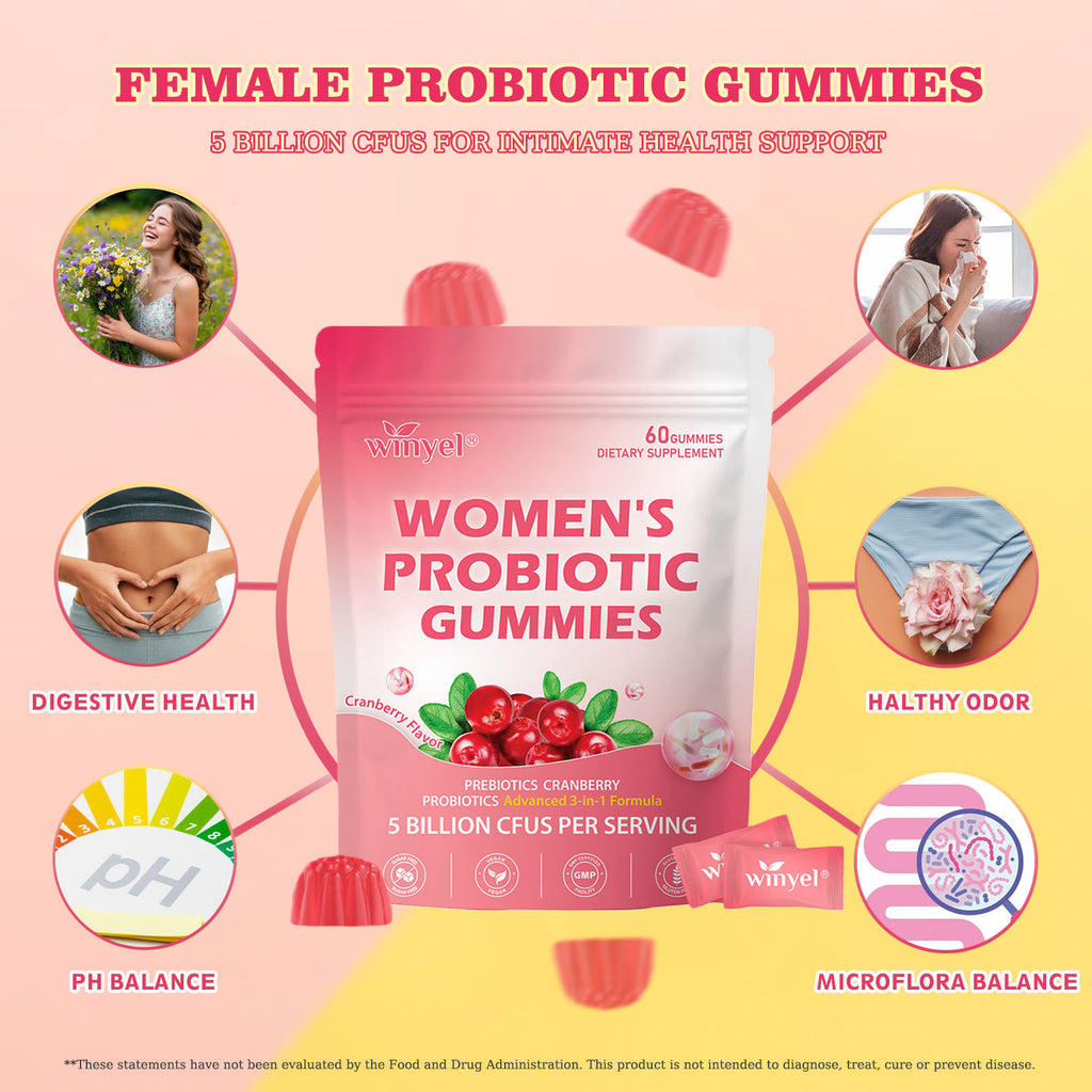 Women's Probiotic Gummies Cranberry Flavor 60 Vegan Gummies Per Pack For Intimate Health PH Balance & Freshness Support Individually Packaged For Convenience - Healthcare, Dietary