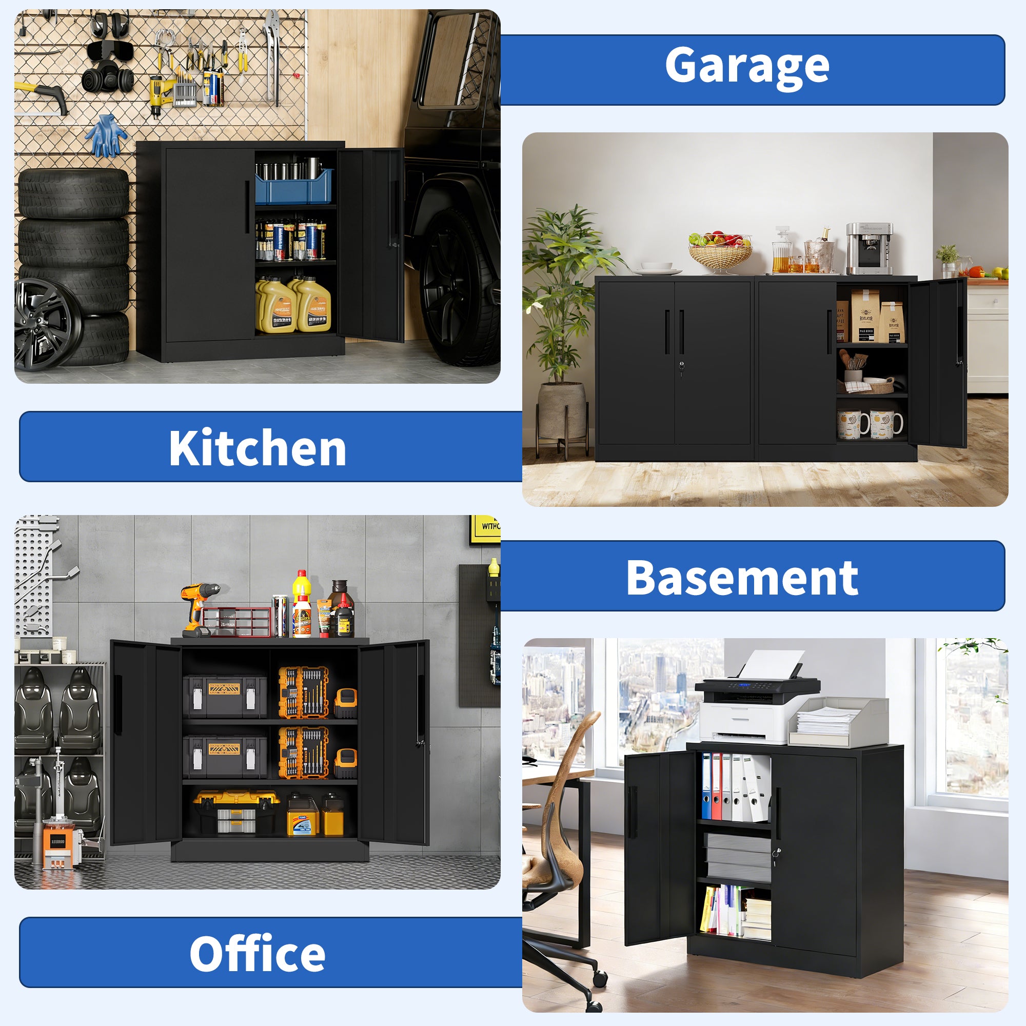 Metal Storage Cabinet With Lock, 2-Door Garage Storage Cabinet With 2 Adjustable Shelves, Heavy Duty Steel File Cabinet For Home, Office, Garage, School  Black, 35.4 H