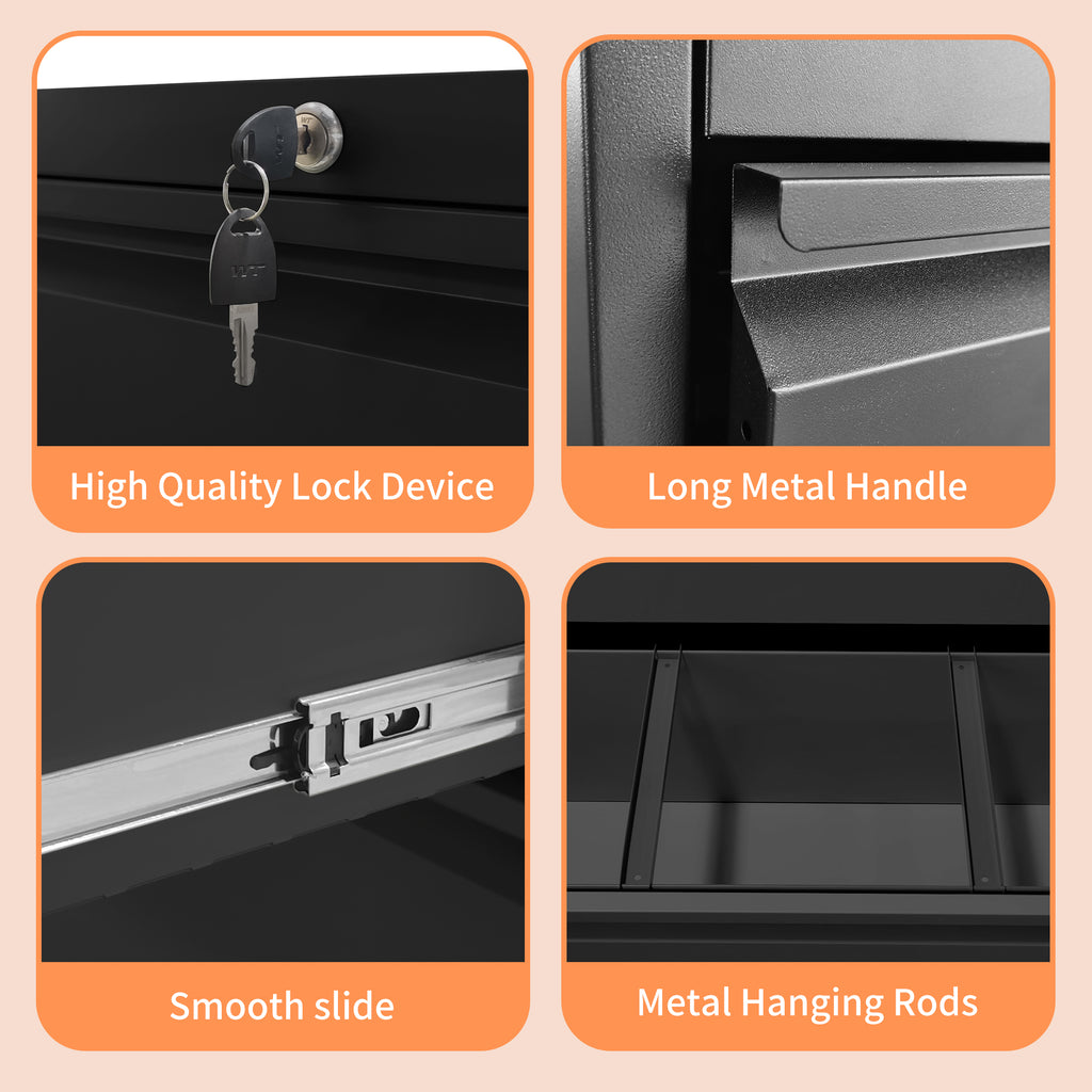 Lateral File Cabinet 4 Drawer, Black Filing Cabinet With Lock, Lockable File Cabinet For Home Office, Locking Metal File Cabinet For Legal Letter A4  F4 Size