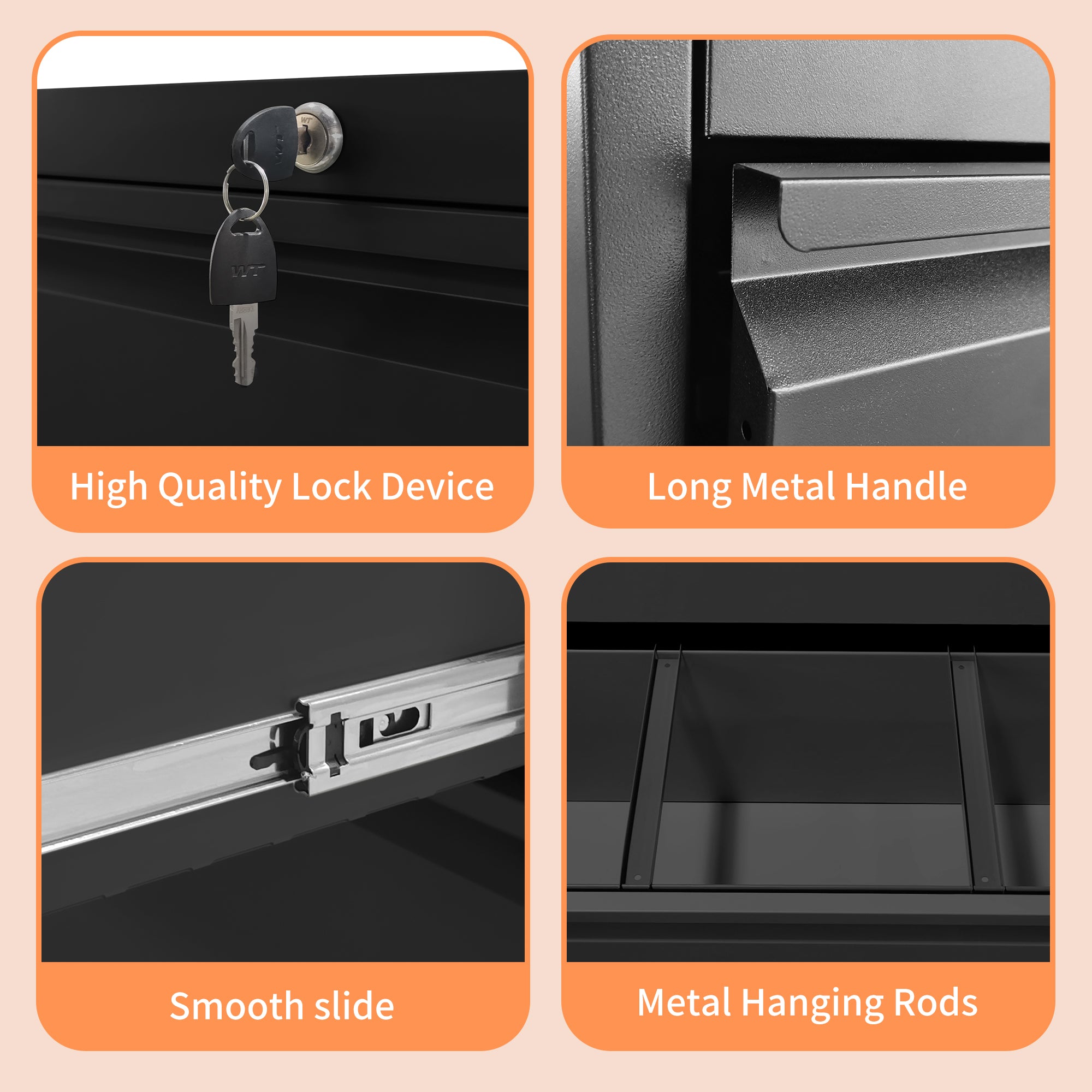 Lateral File Cabinet 4 Drawer, Black Filing Cabinet With Lock, Lockable File Cabinet For Home Office, Locking Metal File Cabinet For Legal Letter A4  F4 Size