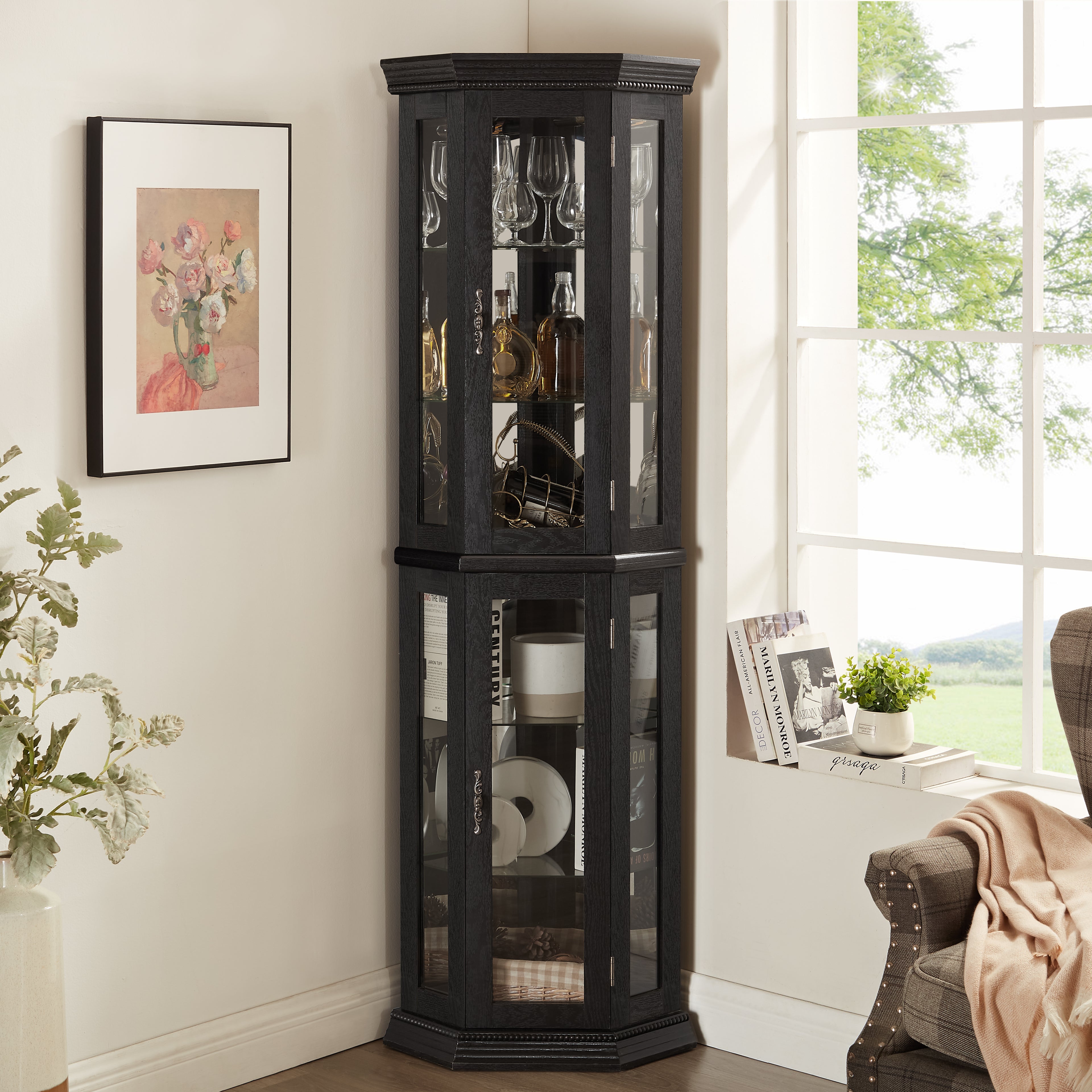 Lighted Corner Curio Cabinet - Glass Display Shelf With Tempered Glass Doors, Adjustable Shelving, And Included Bead Bulb - Ideal Bar Cabinet For Home Decor- BLACK
