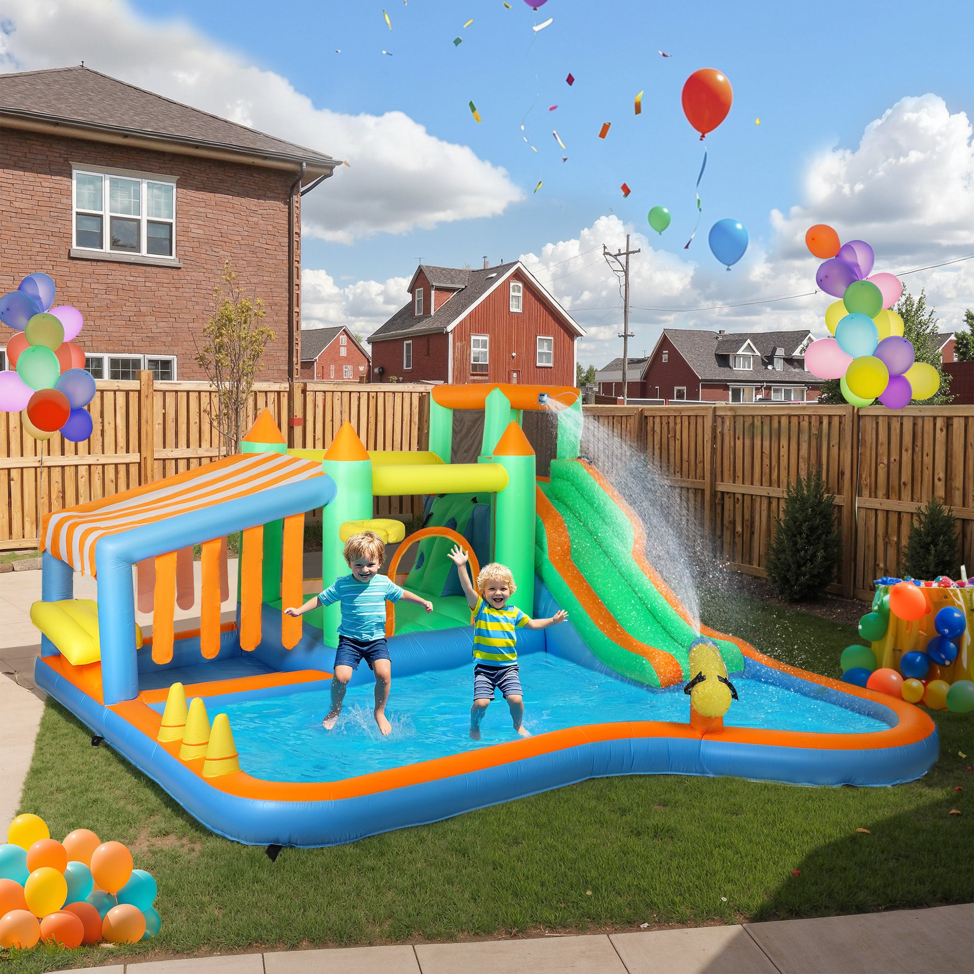 8 in 1 Inflatable Bounce House Water Slide with 550W High Power Blower, for 3-8 Years