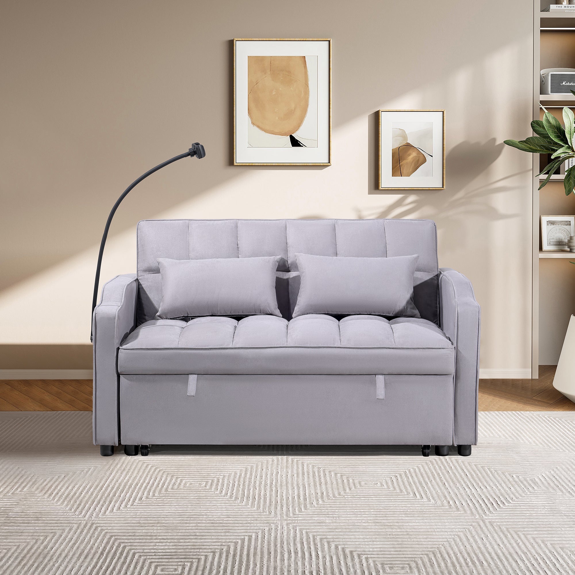 1 Multifunctional Foldable Sofa Bed With 3 Different Lengths, Modern Sofa, Upgraded Suede Fabric, Adjustable Backrest, Gray Color With USB Port And Rotating Telephone Stand