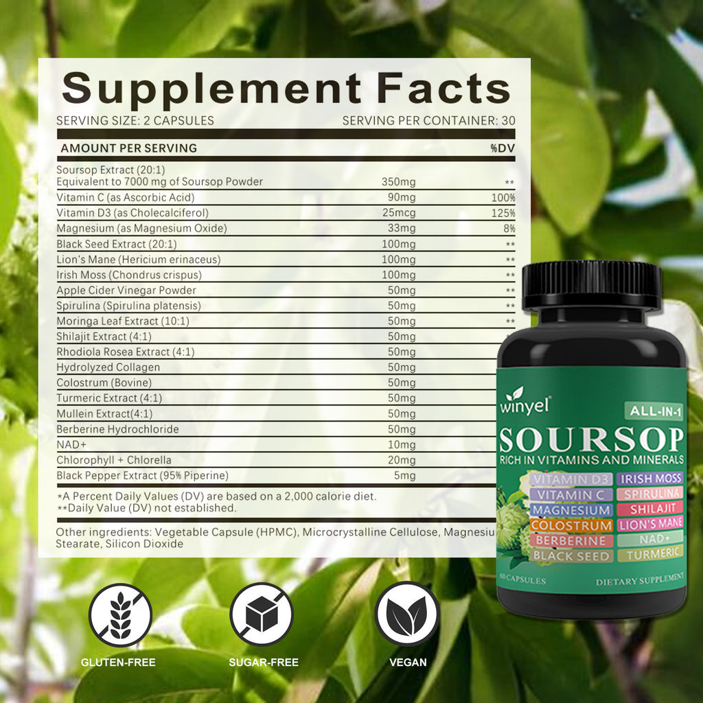 WINYEL Soursop Supplement – 60 Capsules, 20 Herbal Extracts, Vegan
