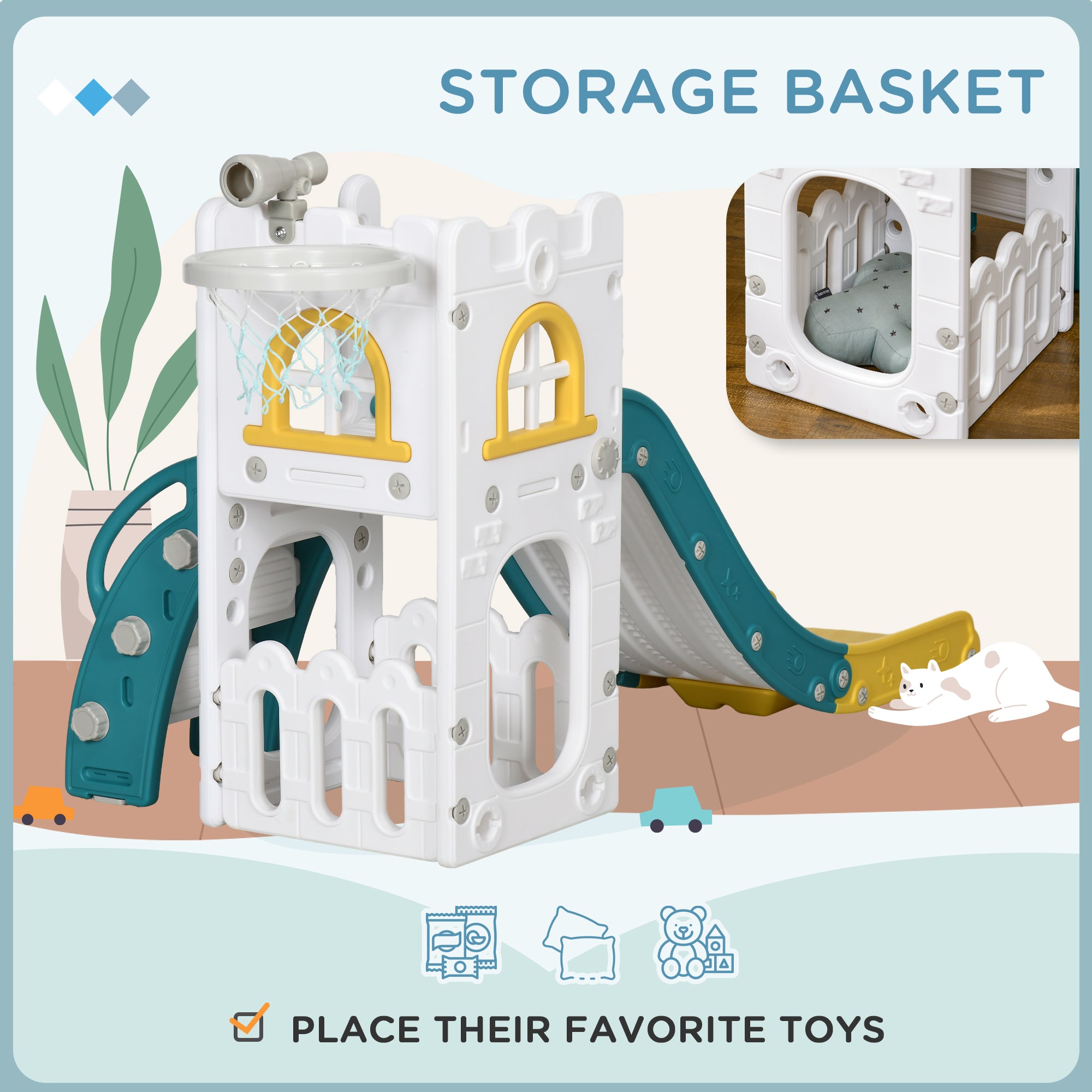 5 in 1 Toddler Slide with Basketball Hoop, Climber, Telescope & Storage Baskets for 1-3 Years Olds, Yellow