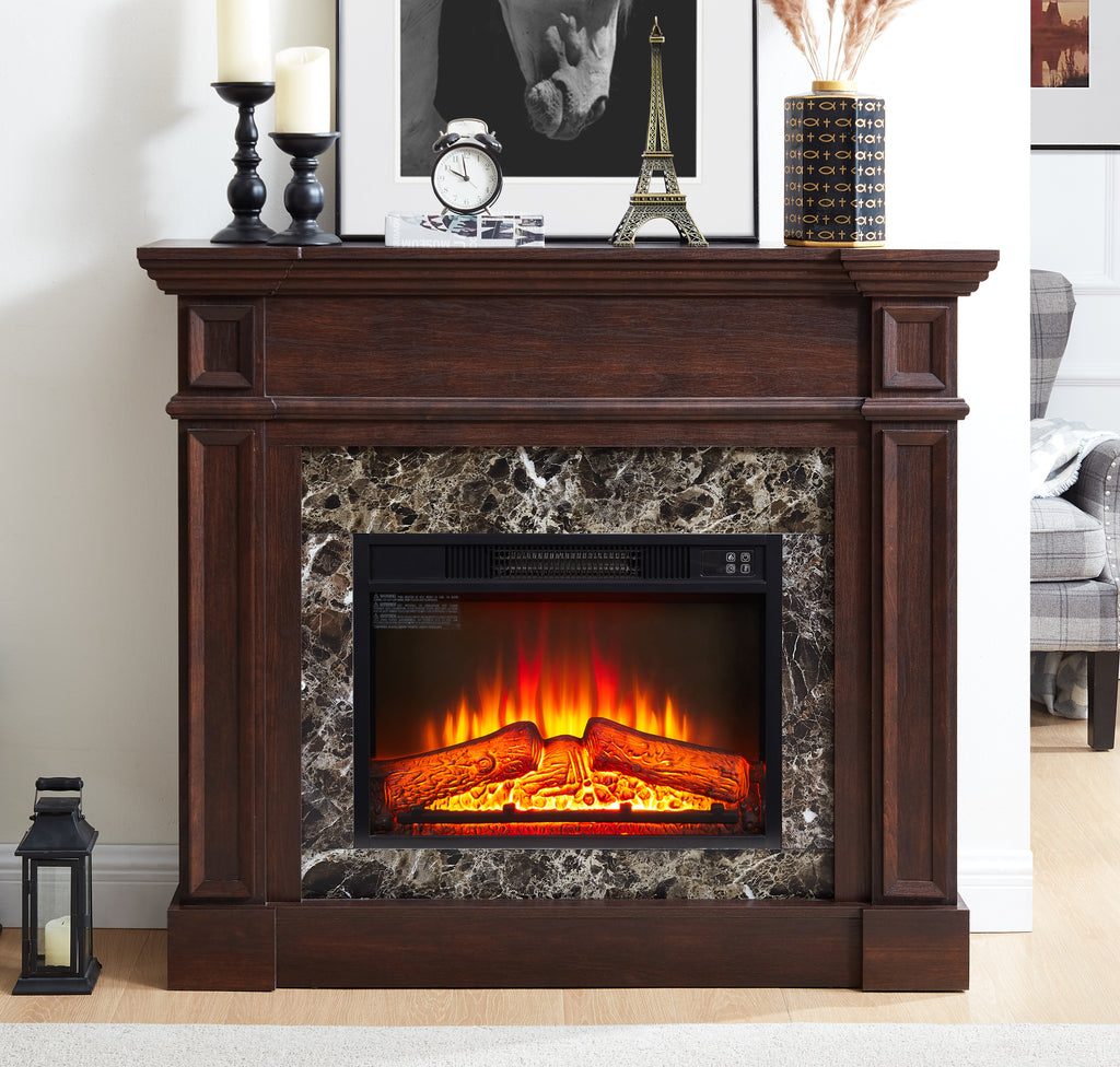 Electric Fireplace With Mantel, Fireplace Mantel, Fireplace Heater Freestanding, Realistic Stacked Stone Surround With Remote Control Timer LED Flame, Cherry, 45.66 Wx11.8 Dx40 H