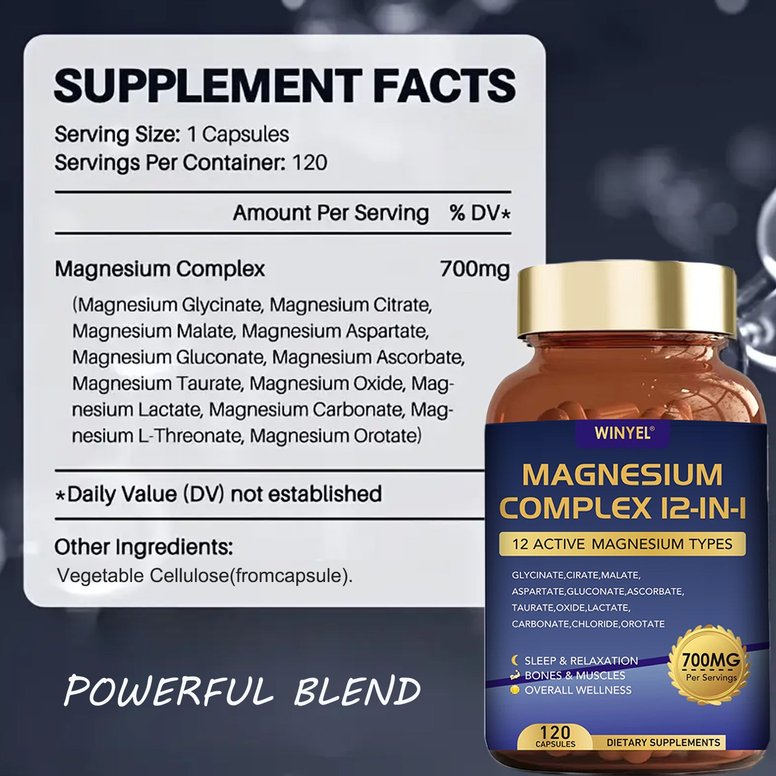WINYEL Magnesium Complex 700mg 12 In 1 Magnesium Supplement With Glycinate, Citrate, Malate, Sleep, Calm, Muscle Relaxation, Heart Health Support, Vegan 120 Capsules