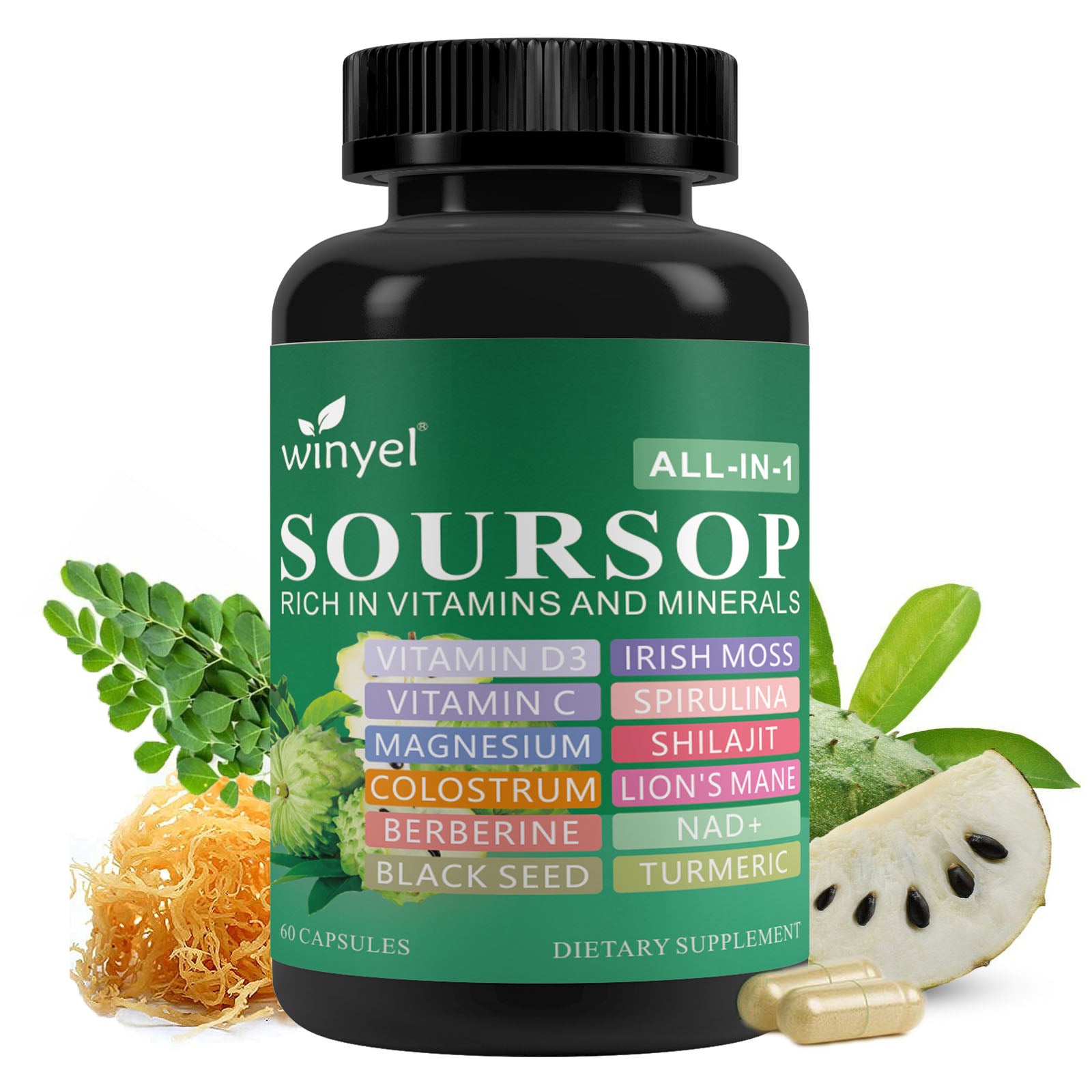 WINYEL Soursop Supplement – 60 Capsules, 20 Herbal Extracts, Vegan