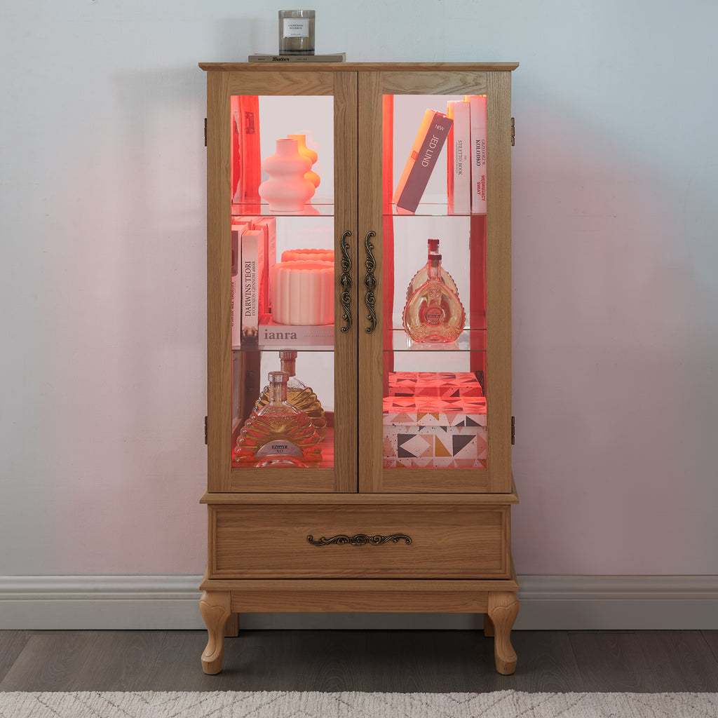 Lighted Curio Cabinet - Elegant Glass Display Cabinet With Adjustable Shelves, 2 Doors, And 1 Drawer - Wine Storage Sideboard With Included Bulb - Light Oak Finish