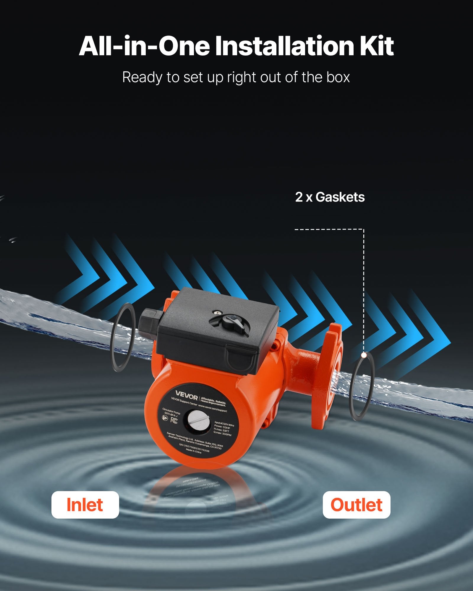 0011-BF4-J Cast Iron Circulator Pump, 33 GPM, AC 120V 33 Ft Hot Water Recirculating Circulation Pump, 1-1/4 In Flange Connection, 3-Speed Adjustment, Quiet Operation, For Home Heating System