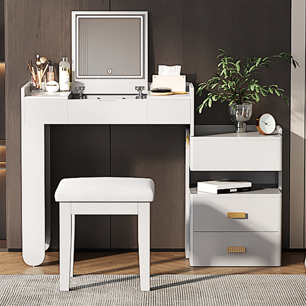 3-in-1 Makeup Vanity Desk With Flip-Top Mirror, LED Lighting, Adjustable Length & Ample Drawers - Stylish Multi-Functional Dressing Table For Home, White