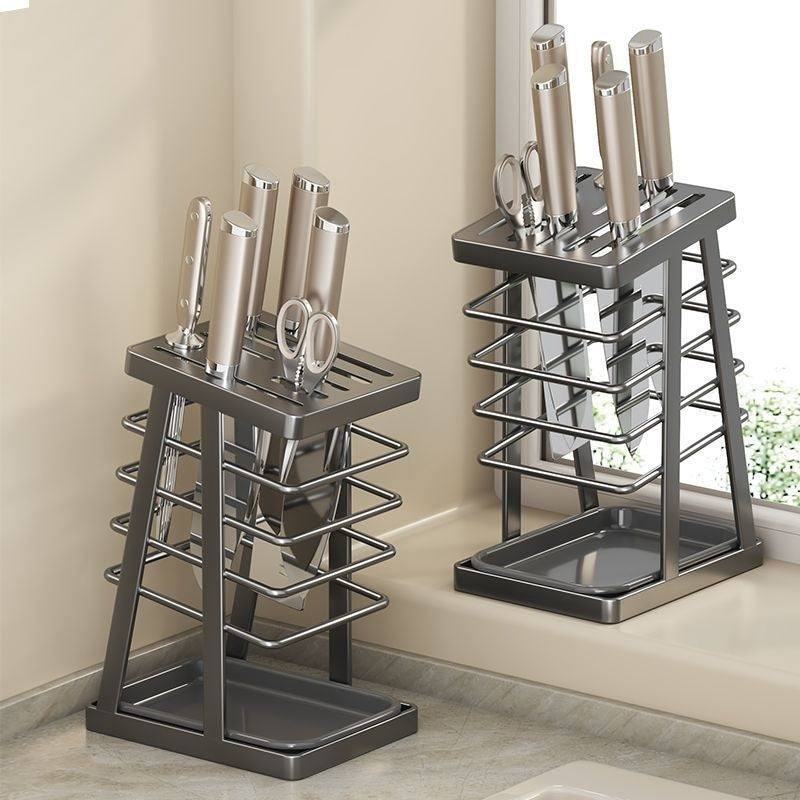Nordic-Style Kitchen Knife Storage Rack with Drip Tray