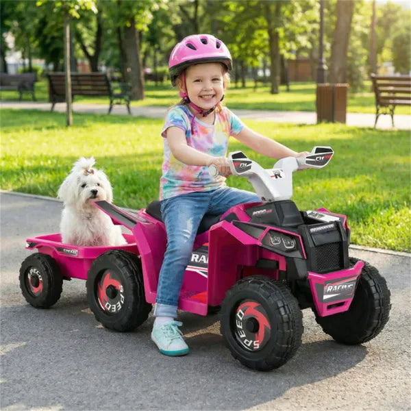 2 In 1 Kids Ride On ATV With Removable Trailer, 6V Electric Quad For Toddlers Ages 3+ Rose Red