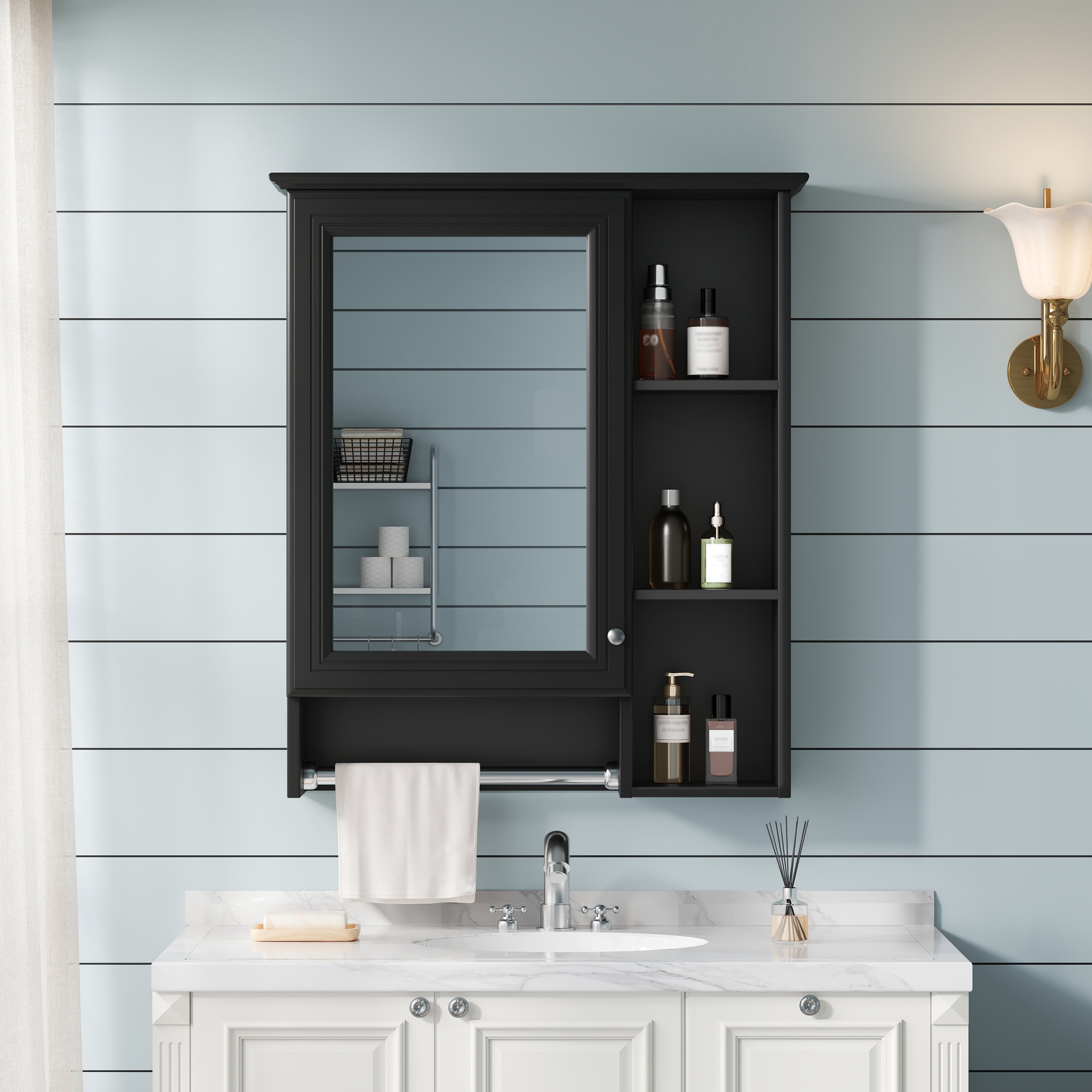 3-in-1 Bathroom Mirror Cabinet, 24-inch Wall Mounted Medicine Cabinet With Adjustable Shelf & Tower Bar, High-Definition Mirror With Storage For Bathroom Vanity